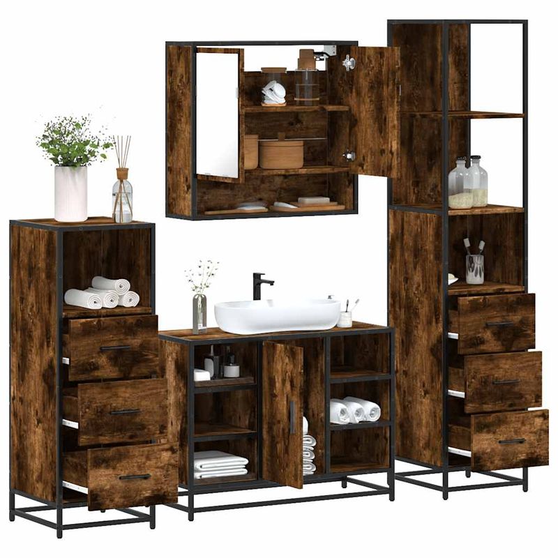 Casa si Gradina - Mobilier - Seturi de mobilier - Seturi baie - Set de mobilier de baie 4 piese Lemn prelucrat de stejar afumat - Infinity.ro