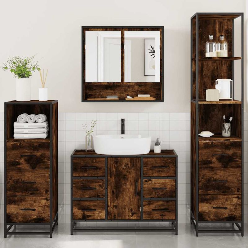 Casa si Gradina - Mobilier - Seturi de mobilier - Seturi baie - Set de mobilier de baie 4 piese Lemn prelucrat de stejar afumat - Infinity.ro