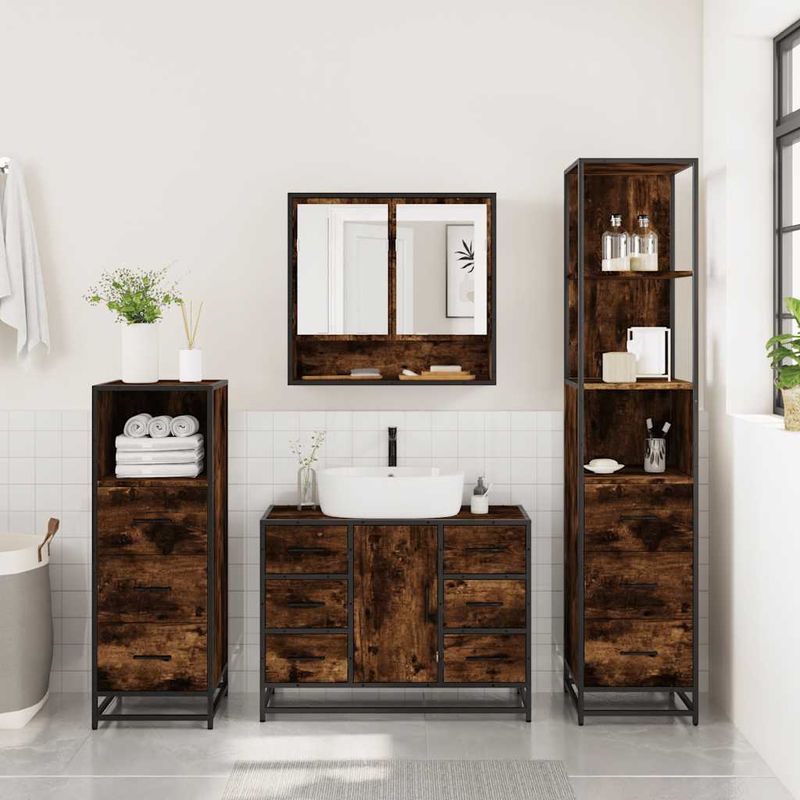 Casa si Gradina - Mobilier - Seturi de mobilier - Seturi baie - Set de mobilier de baie 4 piese Lemn prelucrat de stejar afumat - Infinity.ro