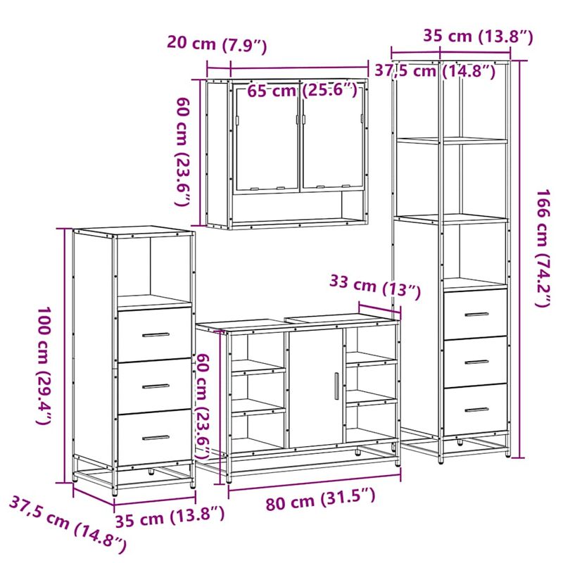 Casa si Gradina - Mobilier - Seturi de mobilier - Seturi baie - Set de mobilier de baie 4 piese Lemn prelucrat de stejar afumat - Infinity.ro