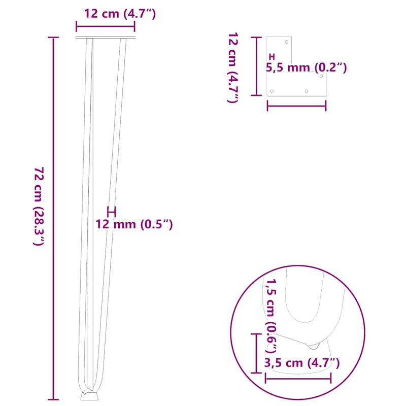 Casa si Gradina - Mobilier - Feronerie si accesorii mobila - Picioare de masa in ac de par 4 buc Otel natural Otel solid, model 3 rods, mărime 72 cm - Infinity.ro