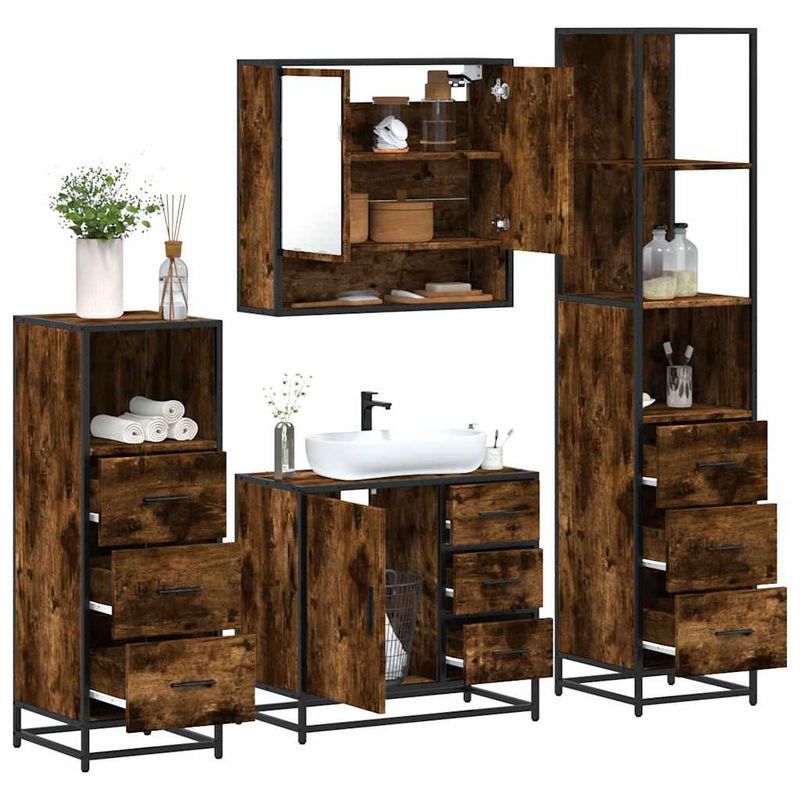 Casa si Gradina - Mobilier - Seturi de mobilier - Seturi baie - Set de mobilier de baie 4 piese Lemn prelucrat de stejar afumat - Infinity.ro