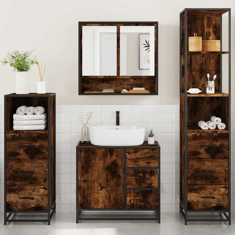 Casa si Gradina - Mobilier - Seturi de mobilier - Seturi baie - Set de mobilier de baie 4 piese Lemn prelucrat de stejar afumat - Infinity.ro