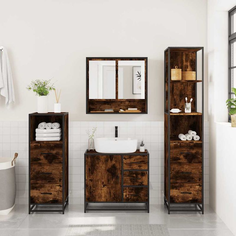 Casa si Gradina - Mobilier - Seturi de mobilier - Seturi baie - Set de mobilier de baie 4 piese Lemn prelucrat de stejar afumat - Infinity.ro
