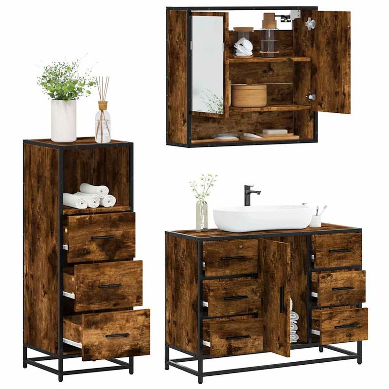 Casa si Gradina - Mobilier - Seturi de mobilier - Seturi baie - Set mobilier de baie, 3 piese, stejar fumuriu, lemn prelucrat - Infinity.ro