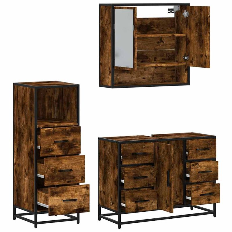 Casa si Gradina - Mobilier - Seturi de mobilier - Seturi baie - Set mobilier de baie, 3 piese, stejar fumuriu, lemn prelucrat - Infinity.ro