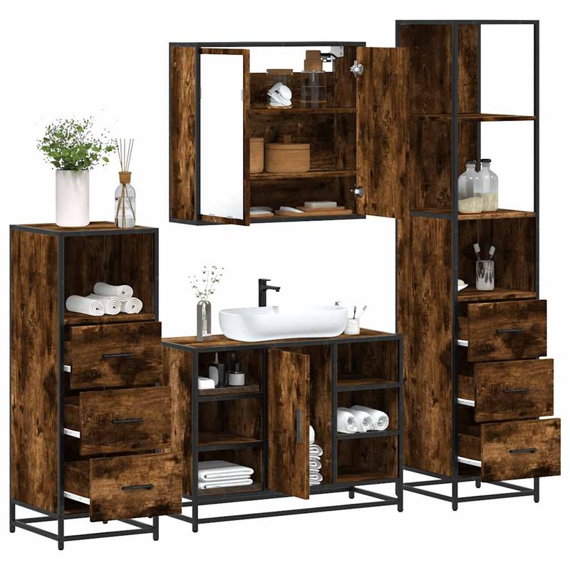 Casa si Gradina - Mobilier - Seturi de mobilier - Seturi baie - Set de mobilier de baie 4 piese Lemn prelucrat de stejar afumat - Infinity.ro