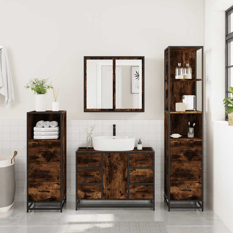Casa si Gradina - Mobilier - Seturi de mobilier - Seturi baie - Set de mobilier de baie 4 piese Lemn prelucrat de stejar afumat - Infinity.ro