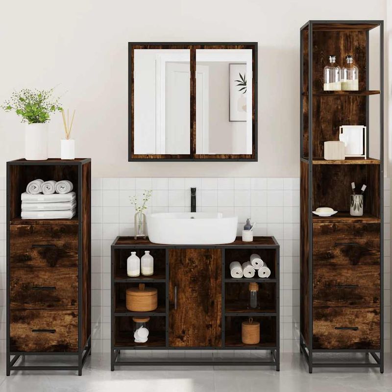 Casa si Gradina - Mobilier - Seturi de mobilier - Seturi baie - Set de mobilier de baie 4 piese Lemn prelucrat de stejar afumat - Infinity.ro
