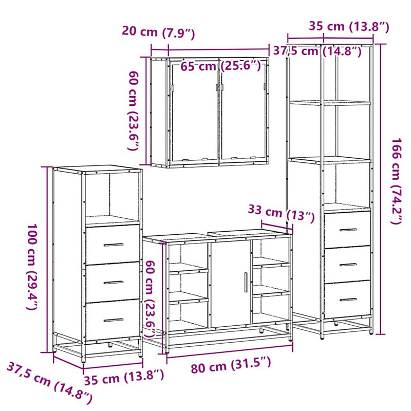 Casa si Gradina - Mobilier - Seturi de mobilier - Seturi baie - Set de mobilier de baie 4 piese Lemn prelucrat de stejar afumat - Infinity.ro