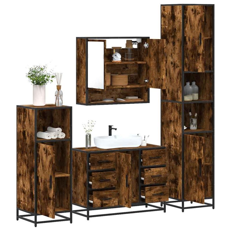 Casa si Gradina - Mobilier - Seturi de mobilier - Seturi baie - Set de mobilier de baie 4 piese Lemn prelucrat de stejar afumat - Infinity.ro
