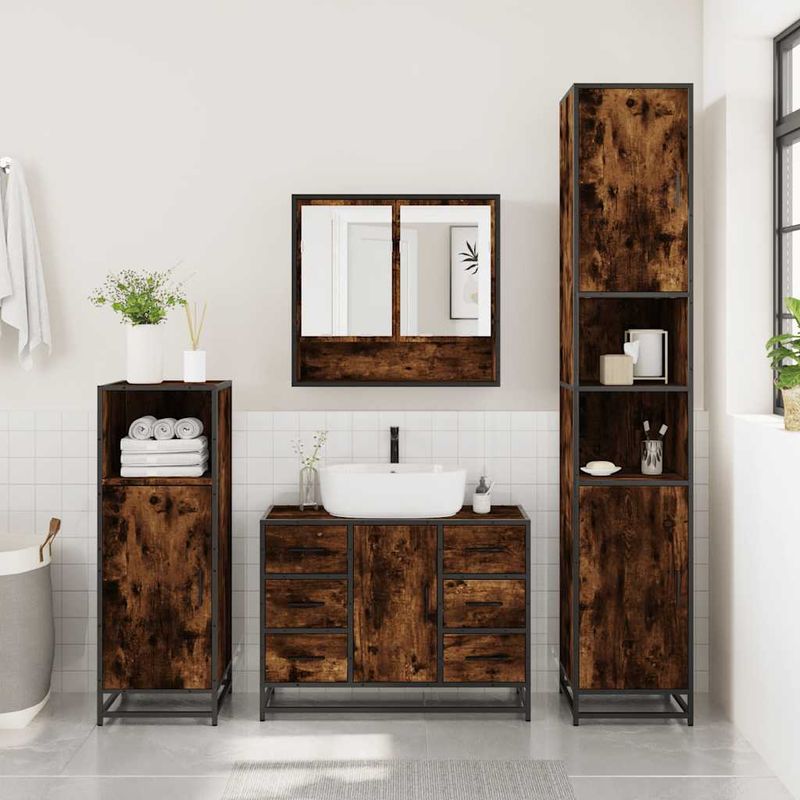 Casa si Gradina - Mobilier - Seturi de mobilier - Seturi baie - Set de mobilier de baie 4 piese Lemn prelucrat de stejar afumat - Infinity.ro