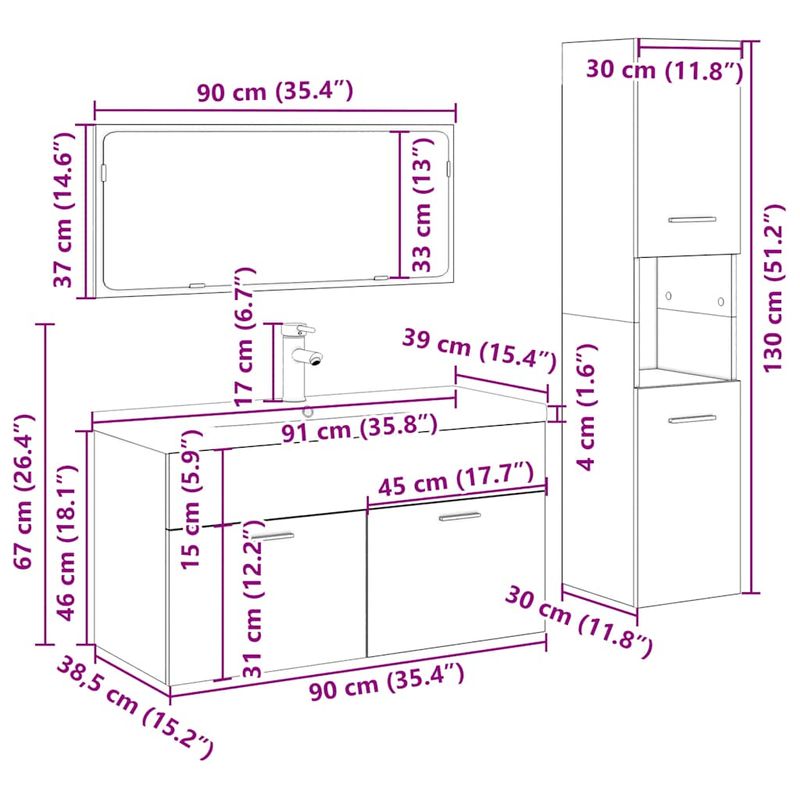 Casa si Gradina - Mobilier - Seturi de mobilier - Seturi baie - Set mobilier de baie, 4 piese, stejar artizanal, lemn prelucrat - Infinity.ro