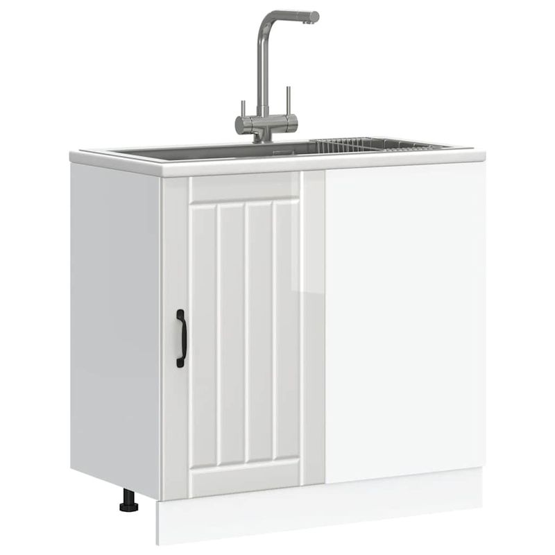 Casa si Gradina - Mobilier - Comode si corpuri - Corpuri bucatarie - Dulap de baza pentru chiuveta „Lucca” Lemn prelucrat alb lucios, gri beton, mărime 86x46x81.5 cm, model 1x dulap inferior de colț (1 ușă) - Infinity.ro