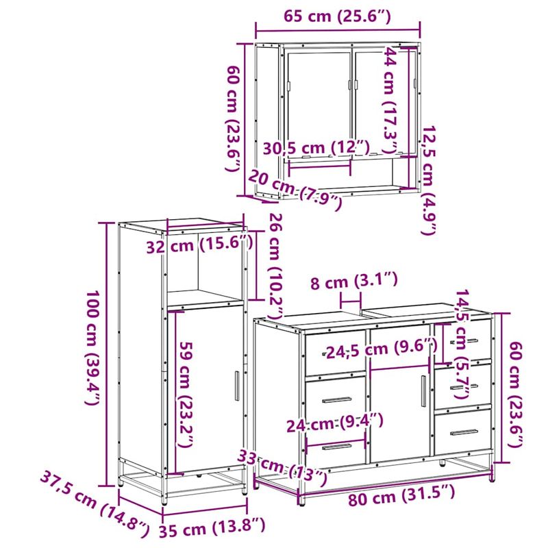 Casa si Gradina - Mobilier - Seturi de mobilier - Seturi baie - Set mobilier de baie, 3 piese, stejar fumuriu, lemn prelucrat - Infinity.ro