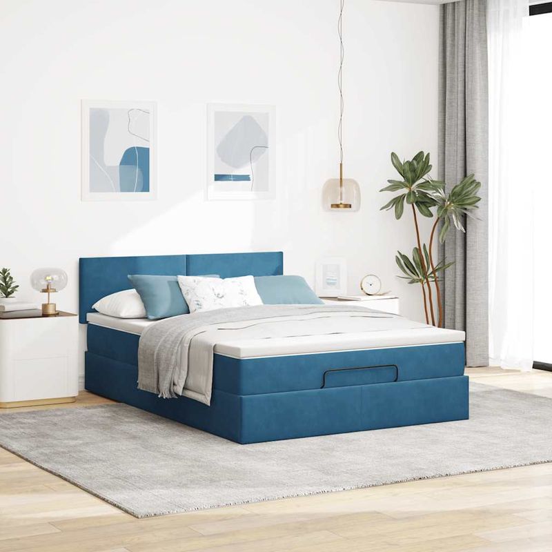 Casa si Gradina - Mobilier - Paturi si accesorii - Paturi - Cadru de pat otoman cu saltea Albastru inchis 140x190cm catifea - Infinity.ro