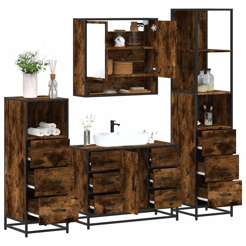 Casa si Gradina - Mobilier - Seturi de mobilier - Seturi baie - Set de mobilier de baie 4 piese Lemn prelucrat de stejar afumat - Infinity.ro