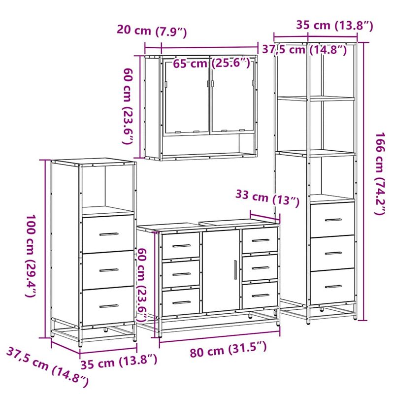 Casa si Gradina - Mobilier - Seturi de mobilier - Seturi baie - Set de mobilier de baie 4 piese Lemn prelucrat de stejar afumat - Infinity.ro
