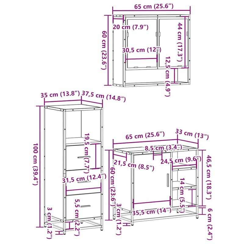 Casa si Gradina - Mobilier - Seturi de mobilier - Seturi baie - Set mobilier de baie, 3 piese, gri sonoma, lemn prelucrat - Infinity.ro