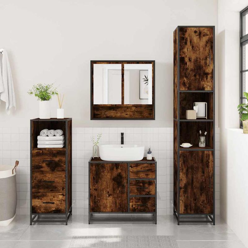 Casa si Gradina - Mobilier - Seturi de mobilier - Seturi baie - Set mobilier de baie, 3 piese, stejar fumuriu, lemn prelucrat - Infinity.ro