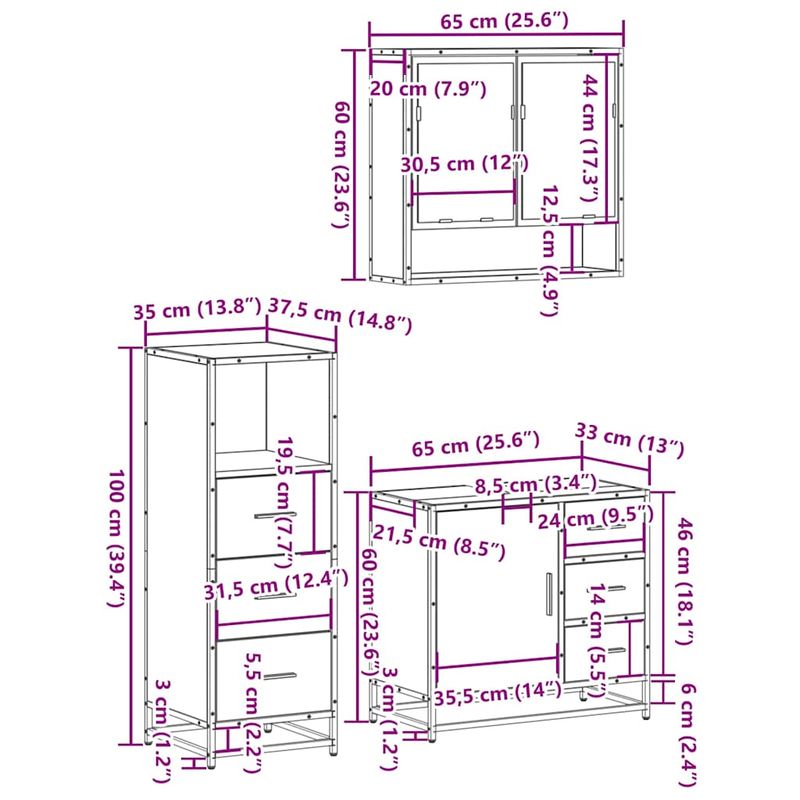 Casa si Gradina - Mobilier - Seturi de mobilier - Seturi baie - Set mobilier de baie, 3 piese, stejar fumuriu, lemn prelucrat - Infinity.ro
