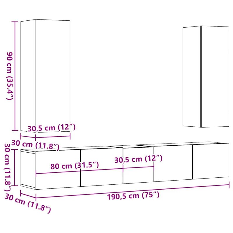 Casa si Gradina - Mobilier - Seturi de mobilier - Seturi living - Set dulap TV 5 piese montat pe perete lemn vechi lemn prelucrat, cantitate în pachet: 5, lăţime 80 cm - Infinity.ro