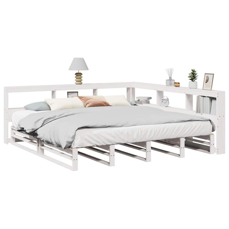Casa si Gradina - Mobilier - Paturi si accesorii - Paturi - Pat cu biblioteca fara saltea, alb, 200x200 cm, lemn masiv pin - Infinity.ro