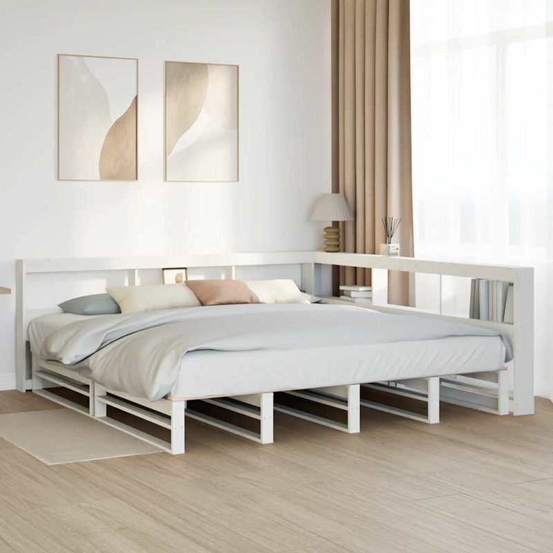 Casa si Gradina - Mobilier - Paturi si accesorii - Paturi - Pat cu biblioteca fara saltea, alb, 200x200 cm, lemn masiv pin - Infinity.ro