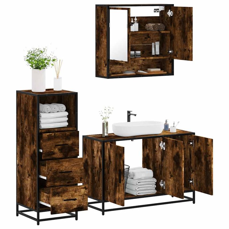 Casa si Gradina - Mobilier - Seturi de mobilier - Seturi baie - Set mobilier de baie, 3 piese, stejar fumuriu, lemn prelucrat - Infinity.ro
