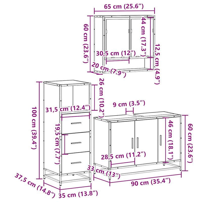 Casa si Gradina - Mobilier - Seturi de mobilier - Seturi baie - Set mobilier de baie, 3 piese, stejar fumuriu, lemn prelucrat - Infinity.ro
