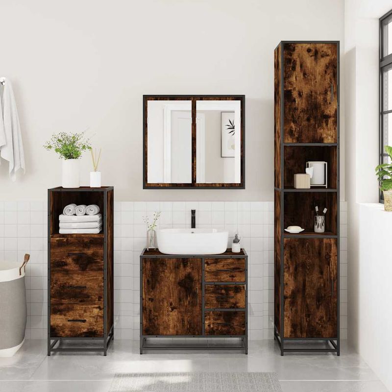 Casa si Gradina - Mobilier - Seturi de mobilier - Seturi baie - Set mobilier de baie, 3 piese, stejar fumuriu, lemn prelucrat - Infinity.ro
