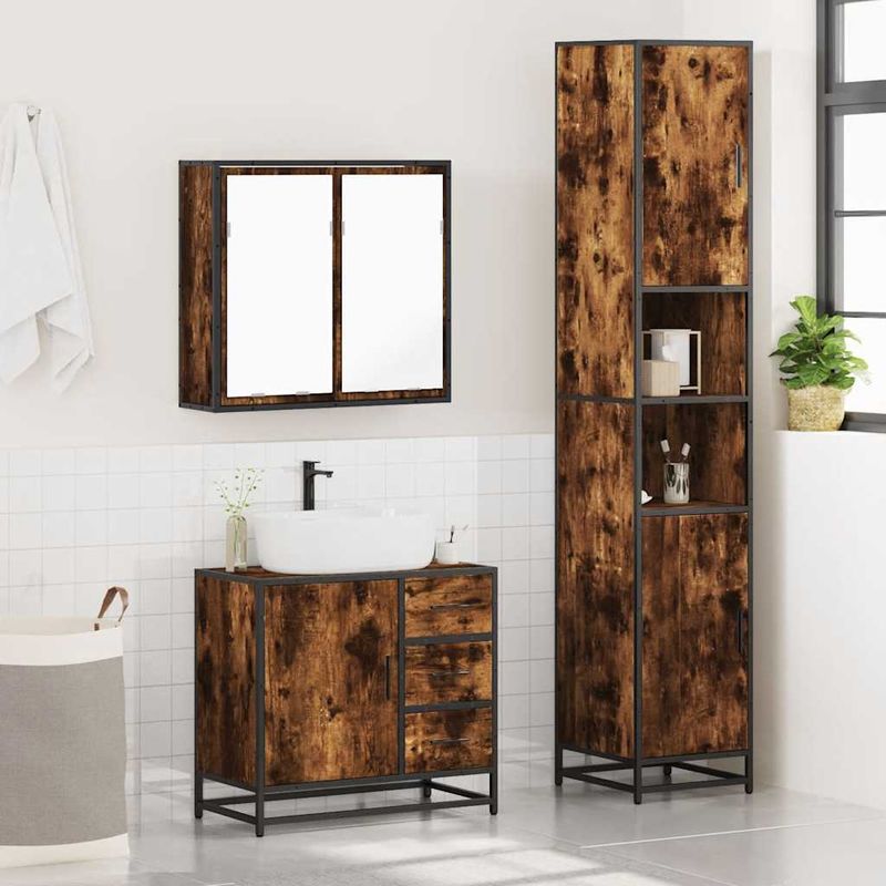 Casa si Gradina - Mobilier - Seturi de mobilier - Seturi baie - Set mobilier de baie, 3 piese, stejar fumuriu, lemn prelucrat - Infinity.ro