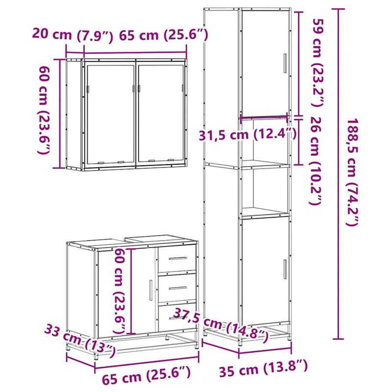 Casa si Gradina - Mobilier - Seturi de mobilier - Seturi baie - Set mobilier de baie, 3 piese, stejar fumuriu, lemn prelucrat - Infinity.ro