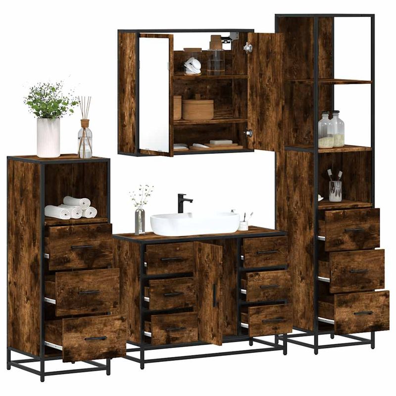 Casa si Gradina - Mobilier - Seturi de mobilier - Seturi baie - Set de mobilier de baie 4 piese Lemn prelucrat de stejar afumat - Infinity.ro