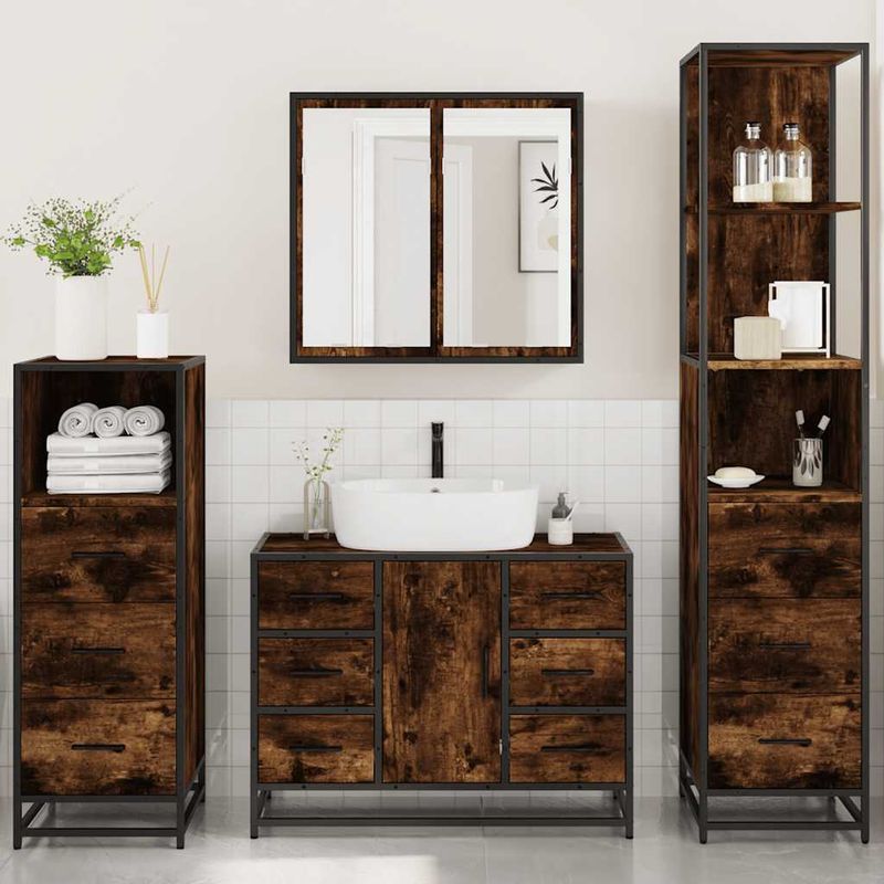 Casa si Gradina - Mobilier - Seturi de mobilier - Seturi baie - Set de mobilier de baie 4 piese Lemn prelucrat de stejar afumat - Infinity.ro