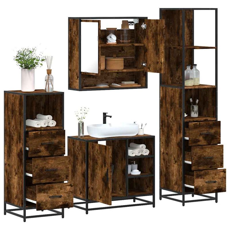 Casa si Gradina - Mobilier - Seturi de mobilier - Seturi baie - Set de mobilier de baie 4 piese Lemn prelucrat de stejar afumat - Infinity.ro