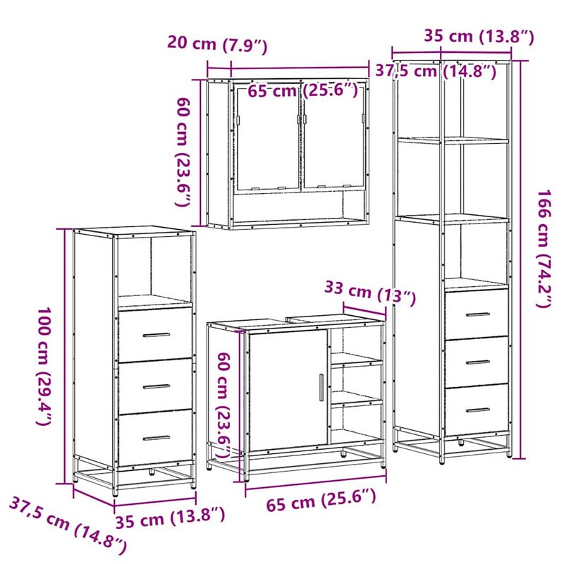 Casa si Gradina - Mobilier - Seturi de mobilier - Seturi baie - Set de mobilier de baie 4 piese Lemn prelucrat de stejar afumat - Infinity.ro