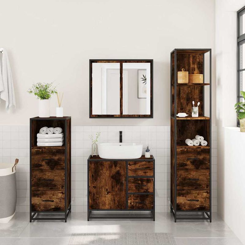 Casa si Gradina - Mobilier - Seturi de mobilier - Seturi baie - Set de mobilier de baie 4 piese Lemn prelucrat de stejar afumat - Infinity.ro