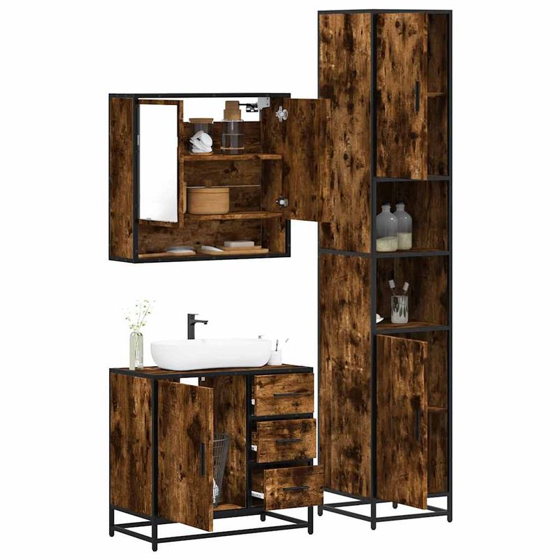 Casa si Gradina - Mobilier - Seturi de mobilier - Seturi baie - Set mobilier de baie, 3 piese, stejar fumuriu, lemn prelucrat - Infinity.ro