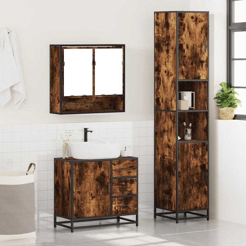 Casa si Gradina - Mobilier - Seturi de mobilier - Seturi baie - Set mobilier de baie, 3 piese, stejar fumuriu, lemn prelucrat - Infinity.ro