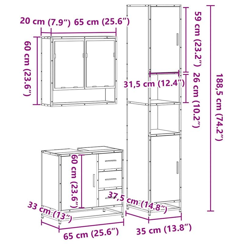 Casa si Gradina - Mobilier - Seturi de mobilier - Seturi baie - Set mobilier de baie, 3 piese, stejar fumuriu, lemn prelucrat - Infinity.ro