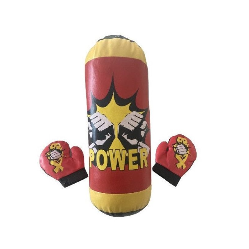 Sport si Outdoor - Sporturi de contact - Saci de box si accesorii - Kit cu Sac de box si manusi, pentru copii 3 ani+, Power Box, 45cm Inaltime, 19cm Diametru, Rosu/Galben/Negru - Infinity.ro