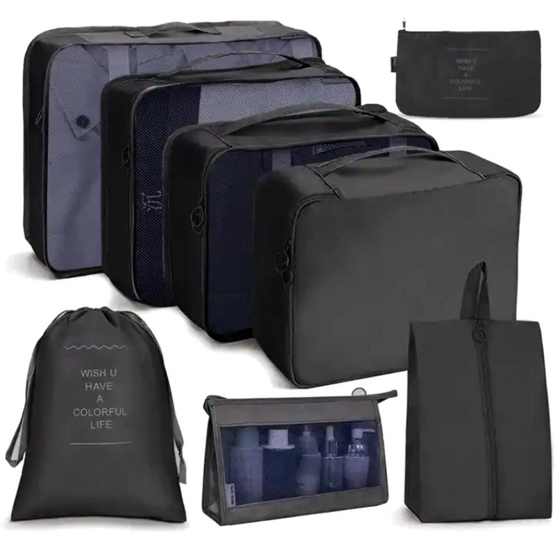 Sport si Outdoor - Articole de voiaj - Accesorii articole de voiaj - Set 8 organizatoare de calatorie, cu fermoar, marimi diferite, negru - Infinity.ro