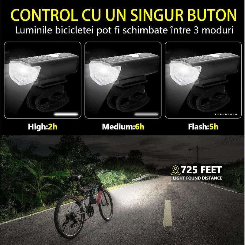 Sport si Outdoor - Ciclism - Accesorii pentru biciclete - Lumini biciclete - Set Lumini Bicicleta, Far si Stop LED, Acumulator Reincarcabil USB - Infinity.ro