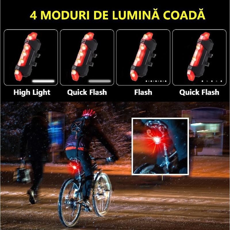 Sport si Outdoor - Ciclism - Accesorii pentru biciclete - Lumini biciclete - Set Lumini Bicicleta, Far si Stop LED, Acumulator Reincarcabil USB - Infinity.ro