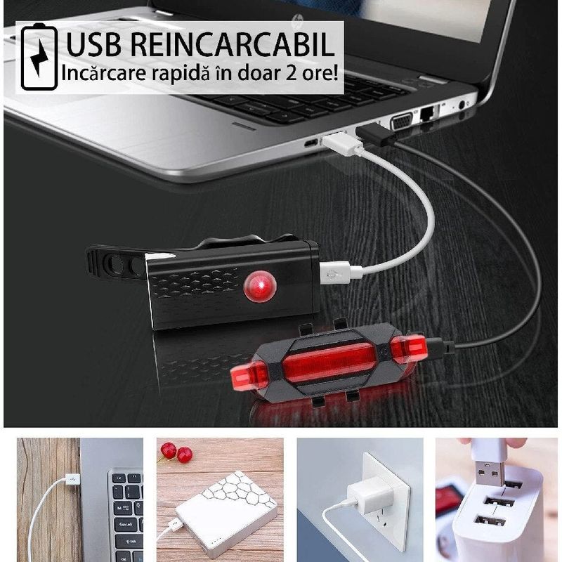 Sport si Outdoor - Ciclism - Accesorii pentru biciclete - Lumini biciclete - Set Lumini Bicicleta, Far si Stop LED, Acumulator Reincarcabil USB - Infinity.ro