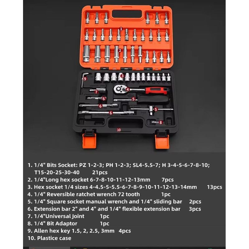 Casa si Gradina - Constructii - Scule de mana si unelte - Chei si truse chei - Trusa profesionala cu 53 de piese din otel carbon - crom vanadium, cu chei tubulare, clicket 1.4 inchi, portocaliu-negru - Infinity.ro