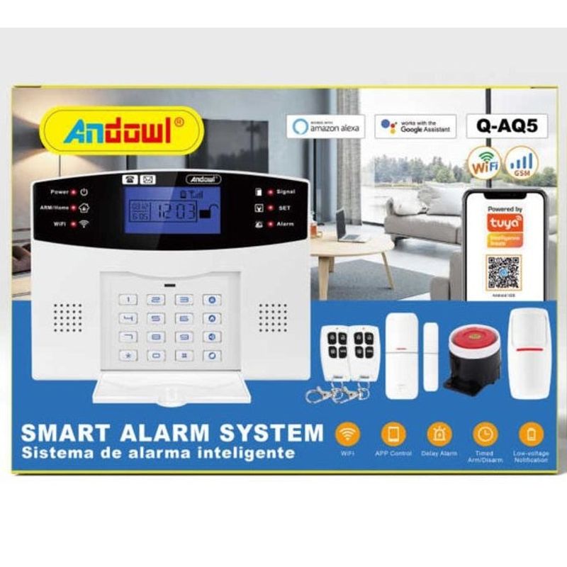 Casa si Gradina - Electrice - Smart Home - Alarme si accesorii - Sistem de alarma inteligent AQ5, cu ecran LCD, wireless, cu 2 senzori si 2 telecomenzi, alb - Infinity.ro
