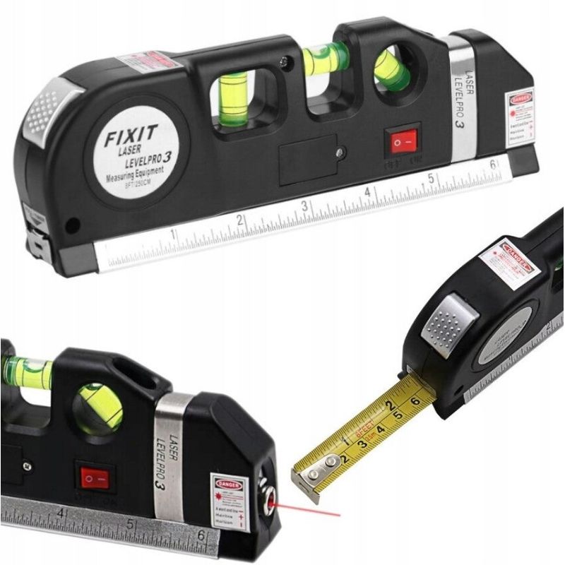 Casa si Gradina - Constructii - Scule de mana si unelte - Unelte de masurat - Nivela-boloboc cu laser de 6m, ruleta de 250cm si rigla, negru - Infinity.ro