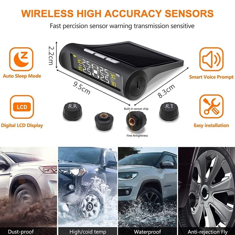 Auto si Moto - Reparatii si depanare - Sisteme de diagnoza - Senzori presiune si temperatura anvelope, cu alarma, incarcare solara, afisaj LCD, alarma, negru - Infinity.ro